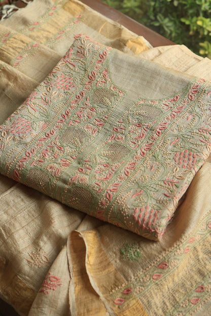 Peach & Green Natural Shade Tussar Silk Chikankari Fabric