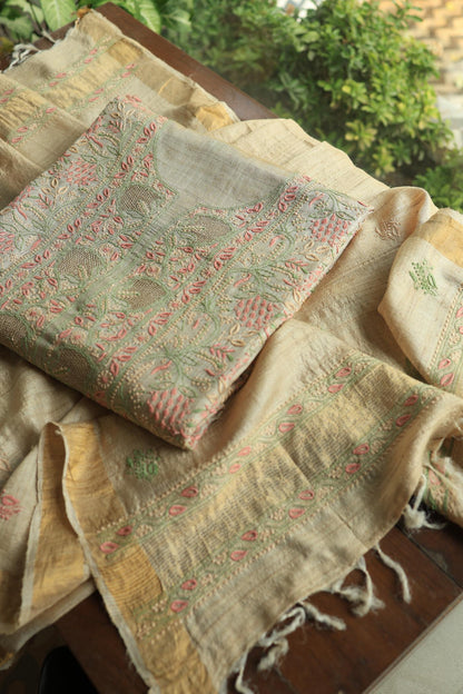Natural Shade Tussar Silk Chikankari Fabric