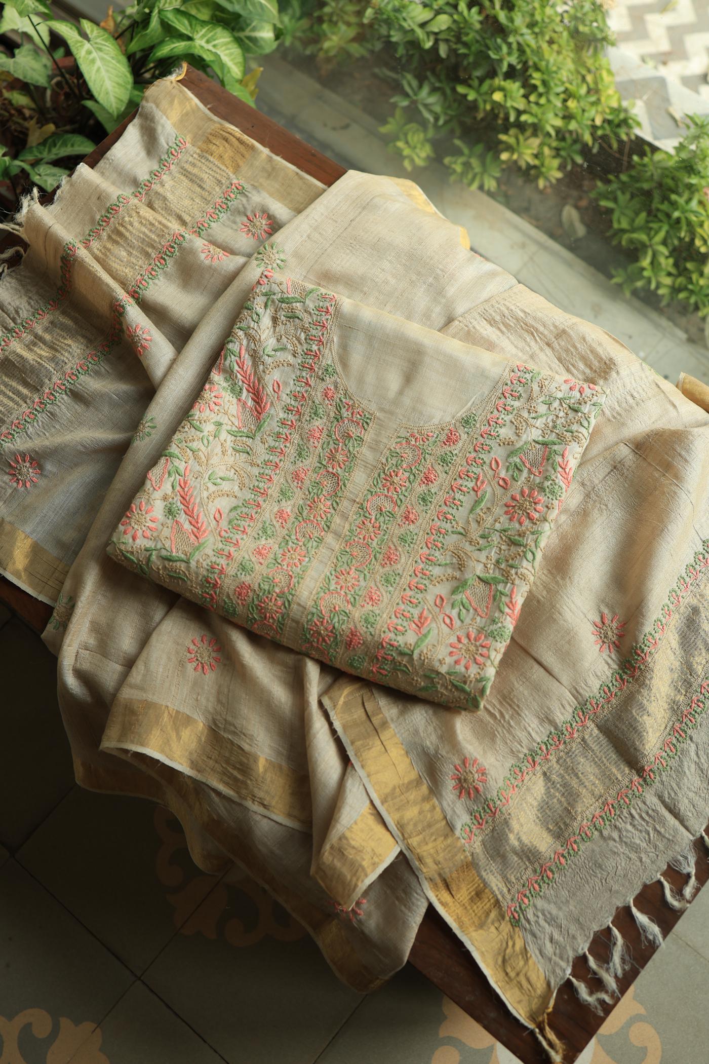 Natural Shade Tussar Silk Chikankari Fabric