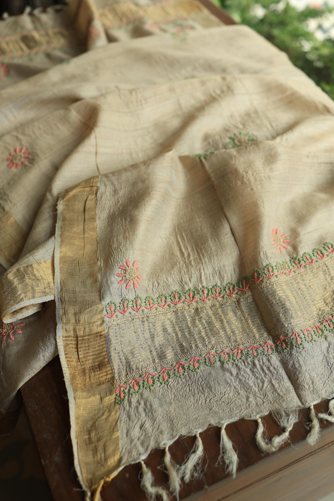 Natural Shade Tussar Silk Chikankari Fabric