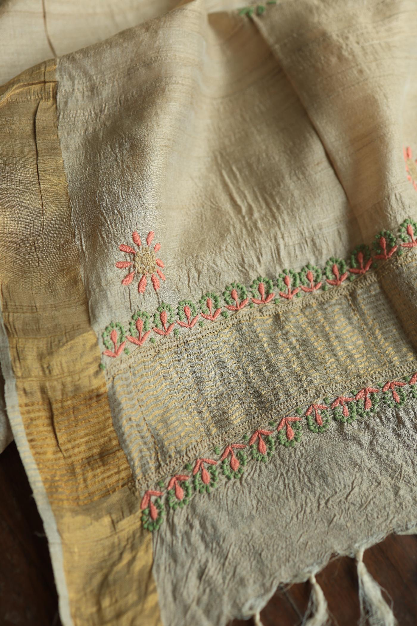 Natural Shade Tussar Silk Chikankari Fabric