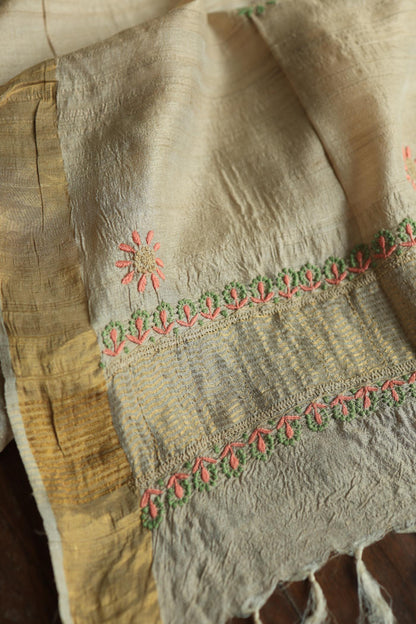 Natural Shade Tussar Silk Chikankari Fabric