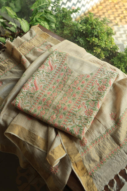 Natural Shade Tussar Silk Chikankari Fabric