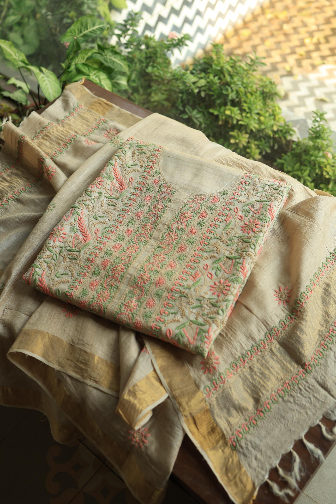 Natural Shade Tussar Silk Chikankari Fabric