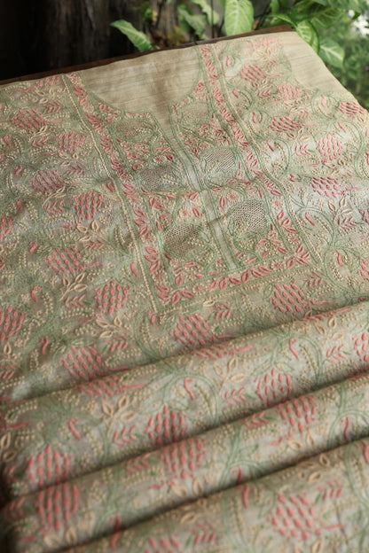 Peach & Green Natural Shade Tussar Silk Chikankari Fabric