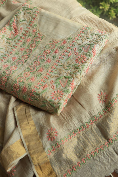 Natural Shade Tussar Silk Chikankari Fabrics