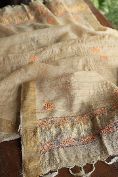 Grey & Orange Natural Shade Tussar Silk Chikankari Fabric