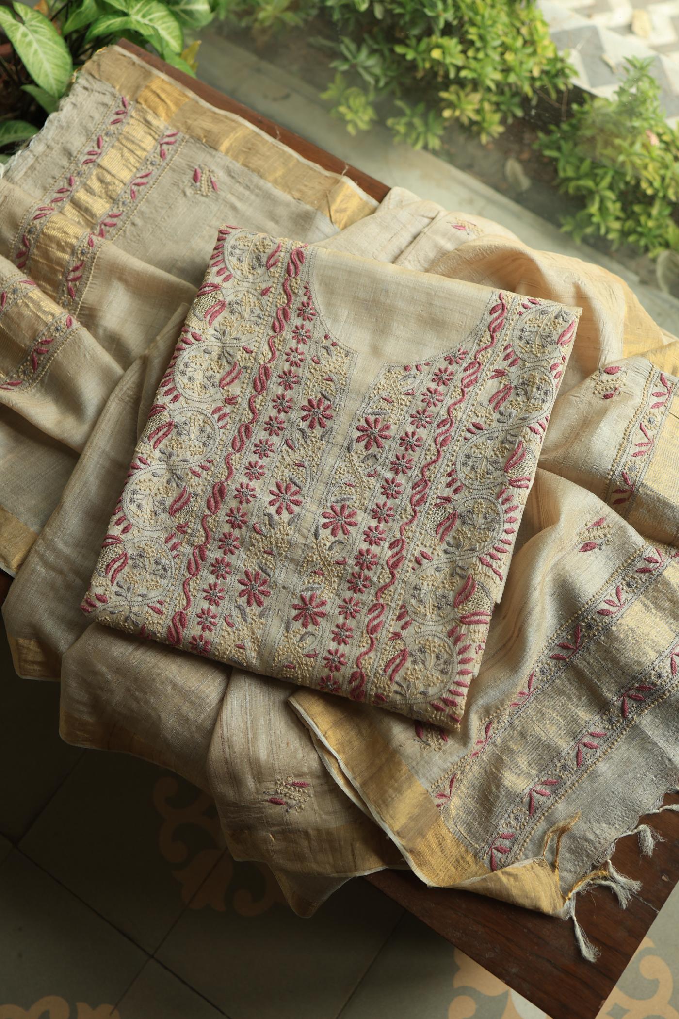 Natural Shade Tussar Silk Chikankari Fabric
