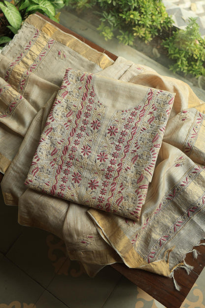 Natural Shade Tussar Silk Chikankari Fabric