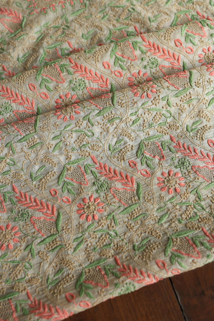 Natural Shade Tussar Silk Chikankari Fabric