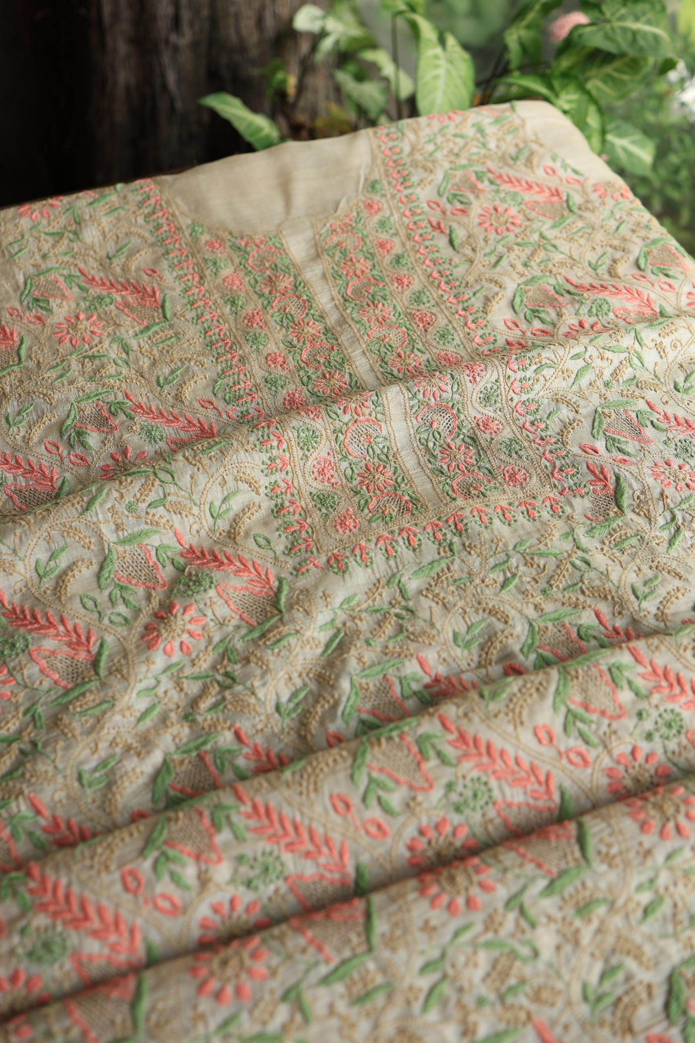 Natural Shade Tussar Silk Chikankari Fabric