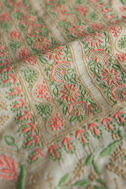 Natural Shade Tussar Silk Chikankari Fabric