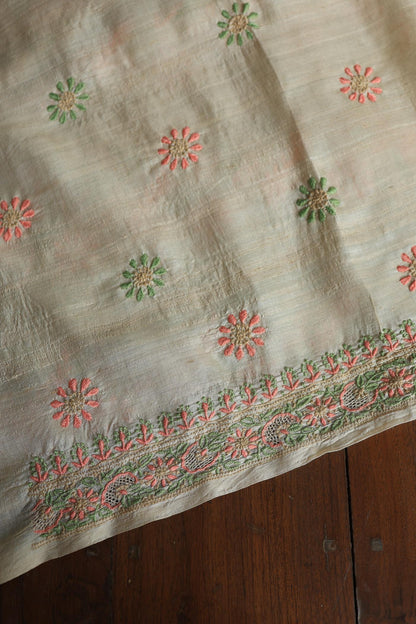 Natural Shade Tussar Silk Chikankari Fabric