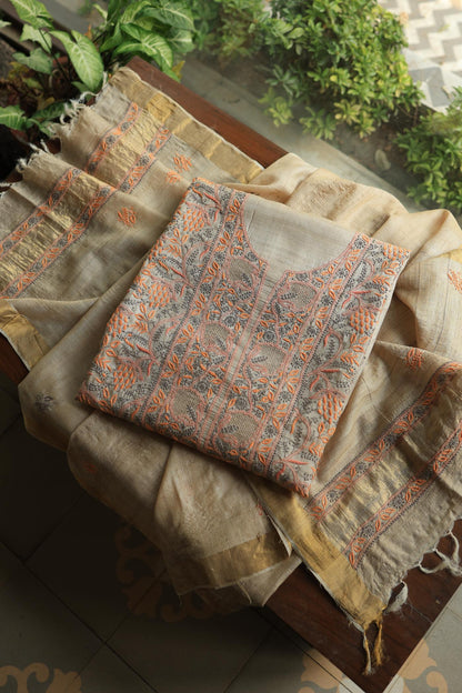 Natural Shade Tussar Silk Chikankari Fabric