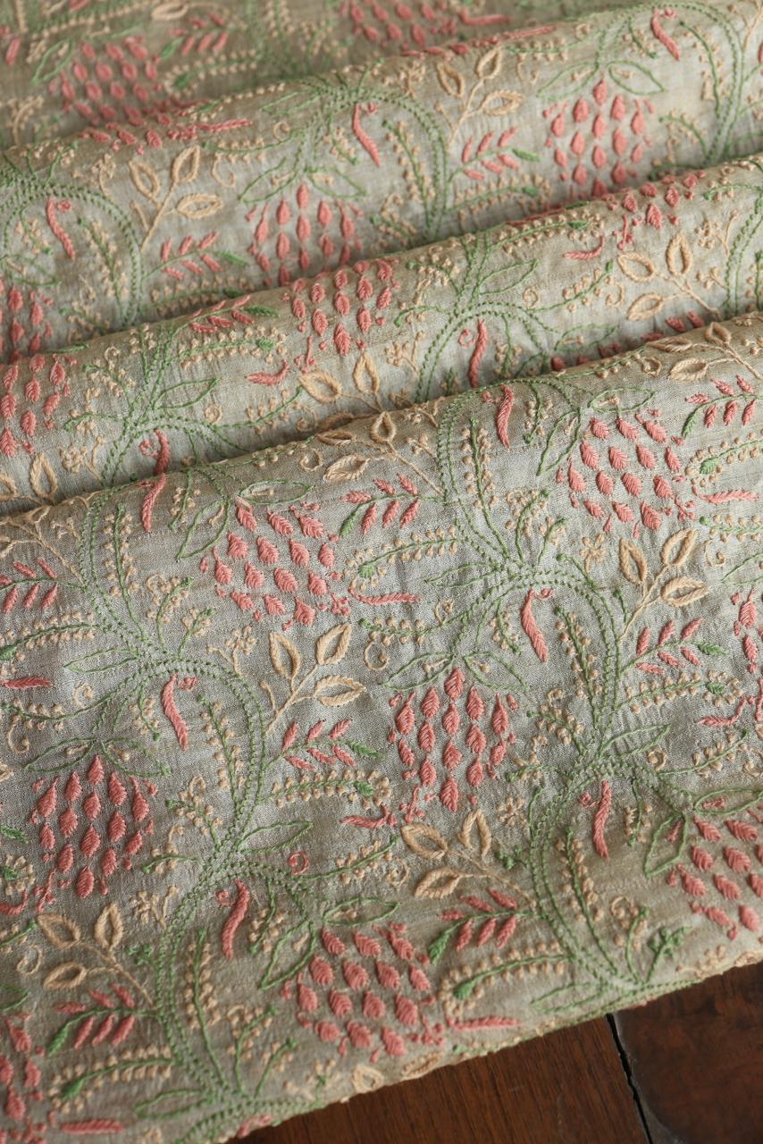 Peach & Green Natural Shade Tussar Silk Chikankari Fabric