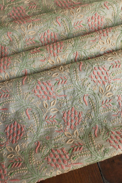 Peach & Green Natural Shade Tussar Silk Chikankari Fabric