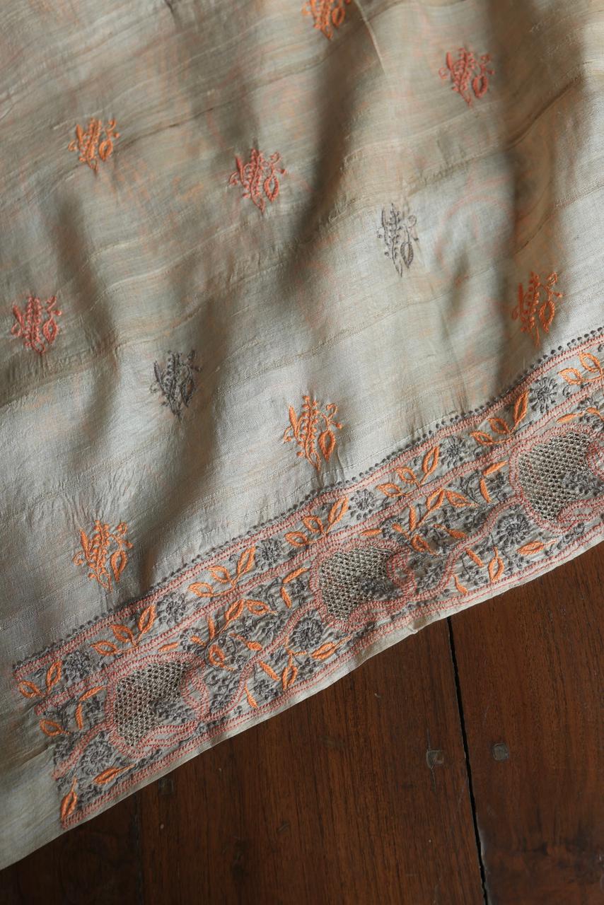 Grey & Orange Natural Shade Tussar Silk Chikankari Fabric