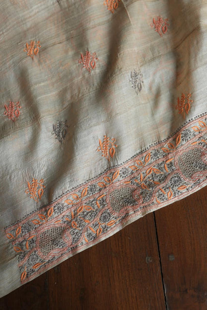 Grey & Orange Natural Shade Tussar Silk Chikankari Fabric