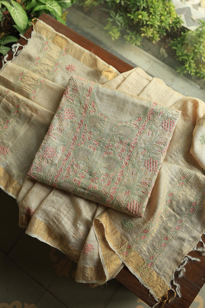 Natural Shade Tussar Silk Chikankari Fabric