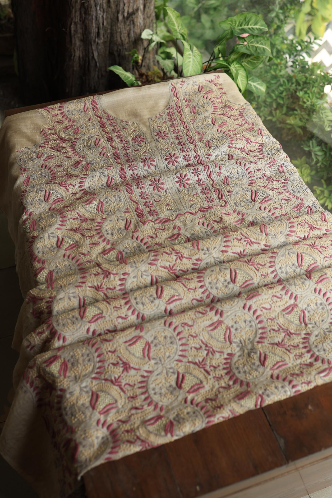 Natural Shade Tussar Silk Chikankari Fabric