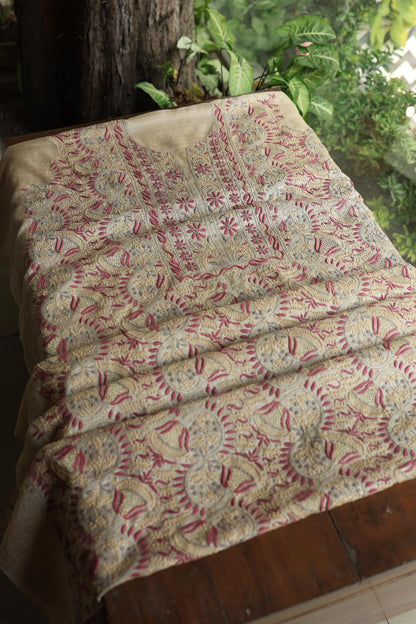 Natural Shade Tussar Silk Chikankari Fabric