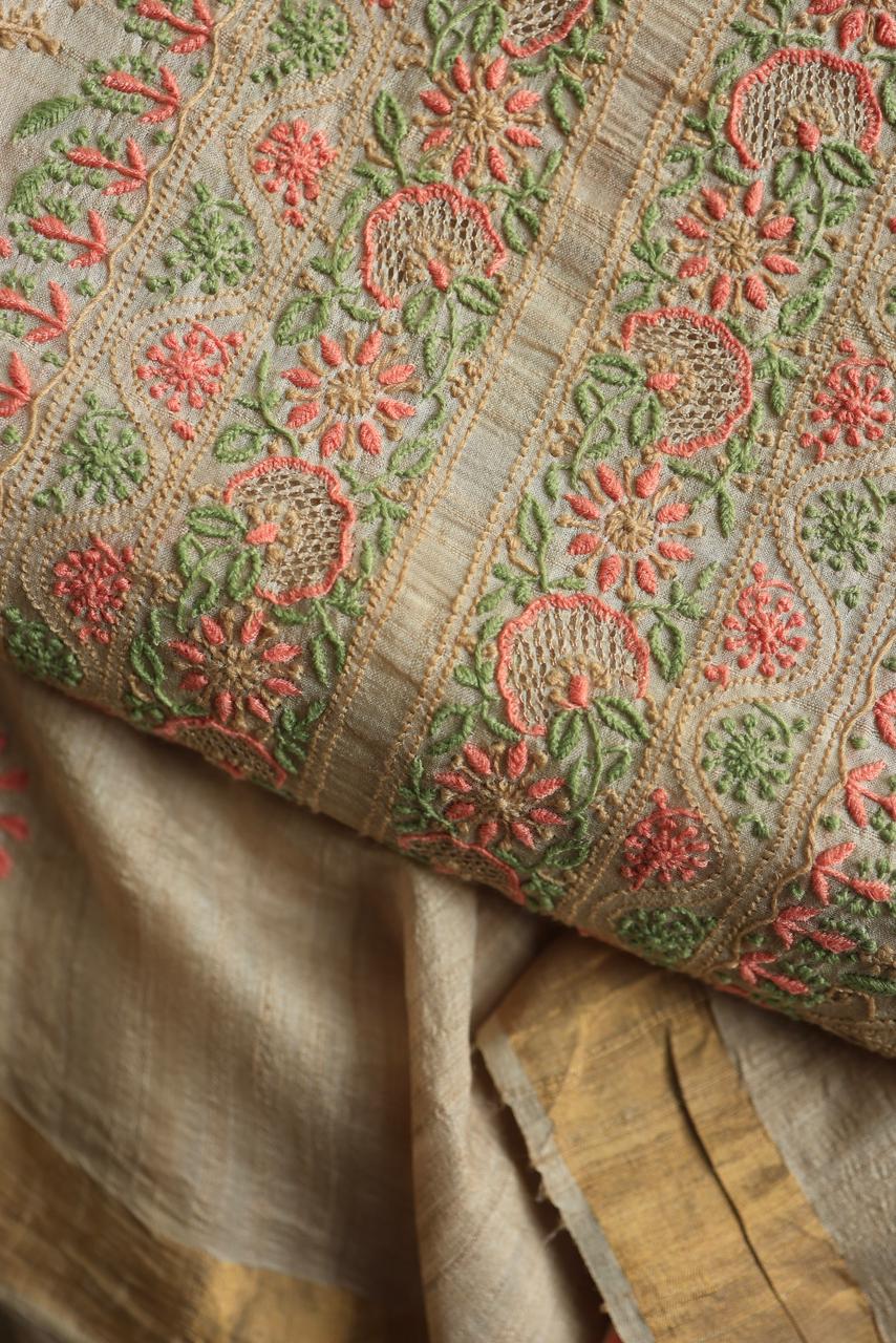 Natural Shade Tussar Silk Chikankari Fabrics