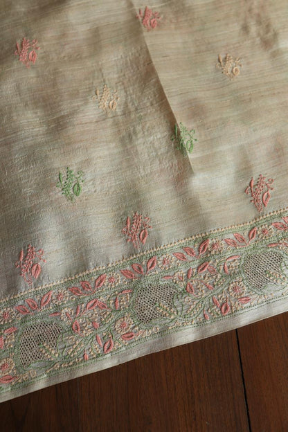 Peach & Green Natural Shade Tussar Silk Chikankari Fabric
