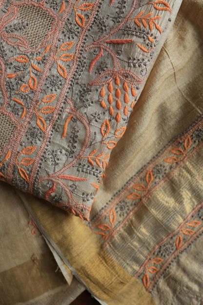 Natural Shade Tussar Silk Chikankari Fabric