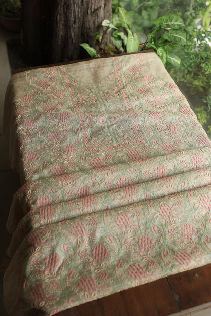 Natural Shade Tussar Silk Chikankari Fabric