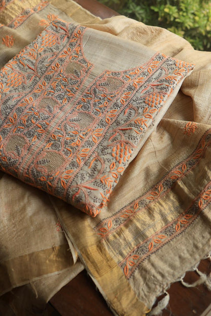 Grey & Orange Natural Shade Tussar Silk Chikankari Fabric