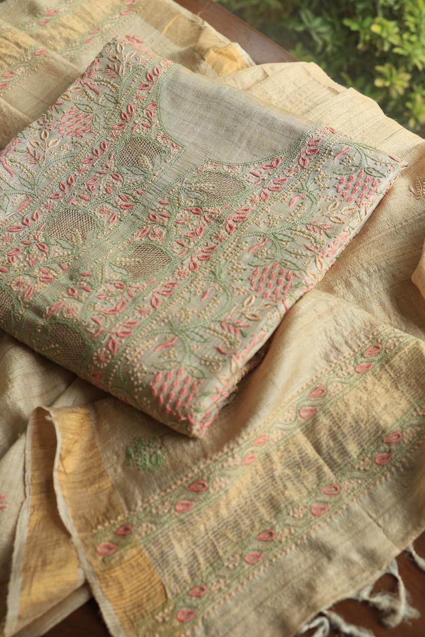 Peach & Green Natural Shade Tussar Silk Chikankari Fabric