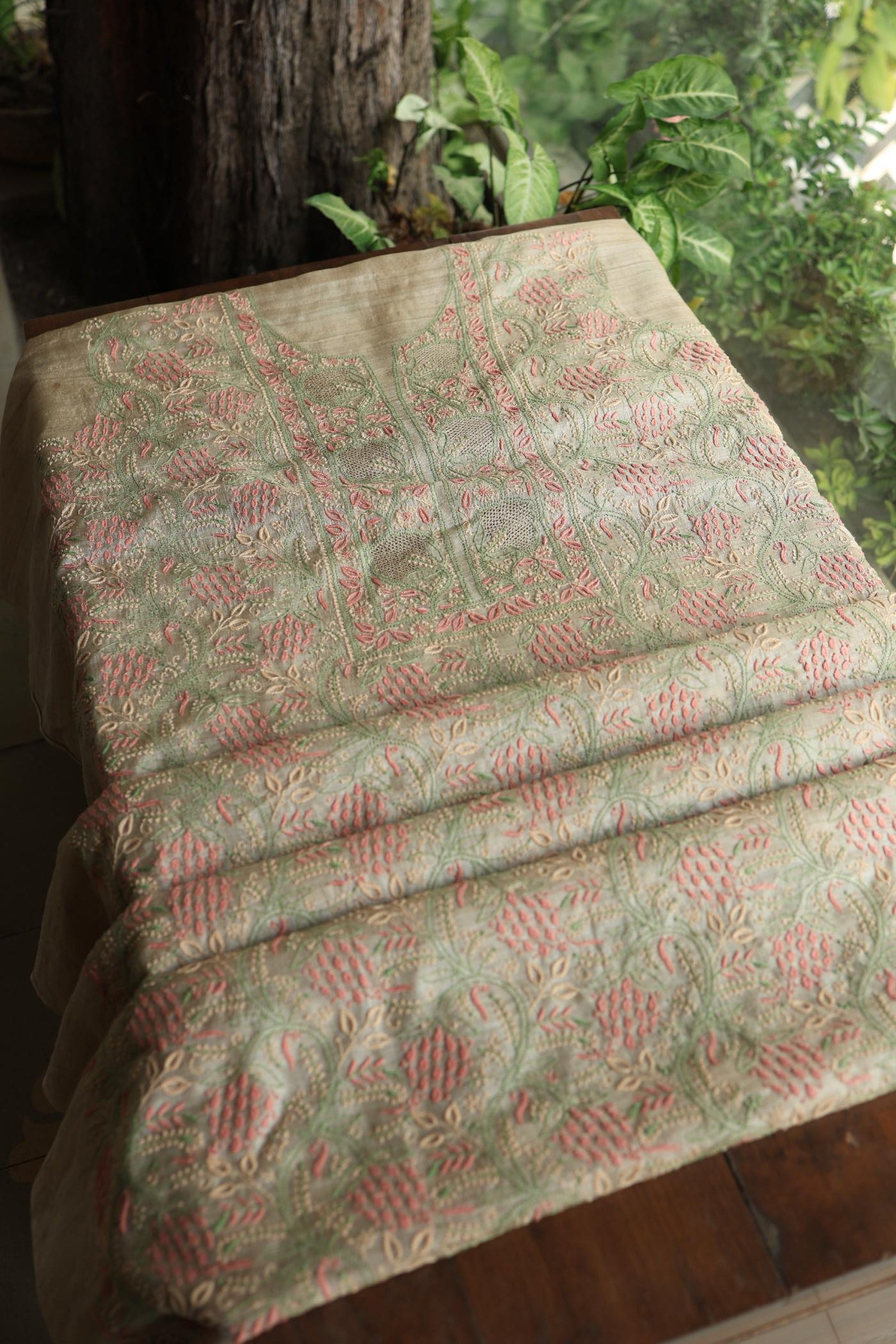 Natural Shade Tussar Silk Chikankari Fabric