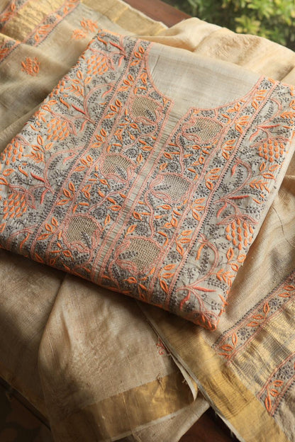Grey & Orange Natural Shade Tussar Silk Chikankari Fabric