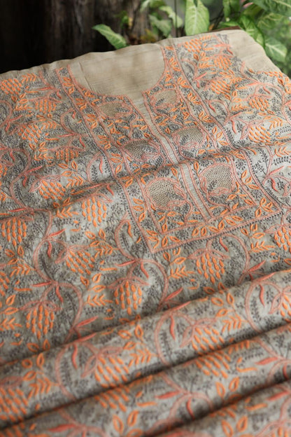 Grey & Orange Natural Shade Tussar Silk Chikankari Fabric
