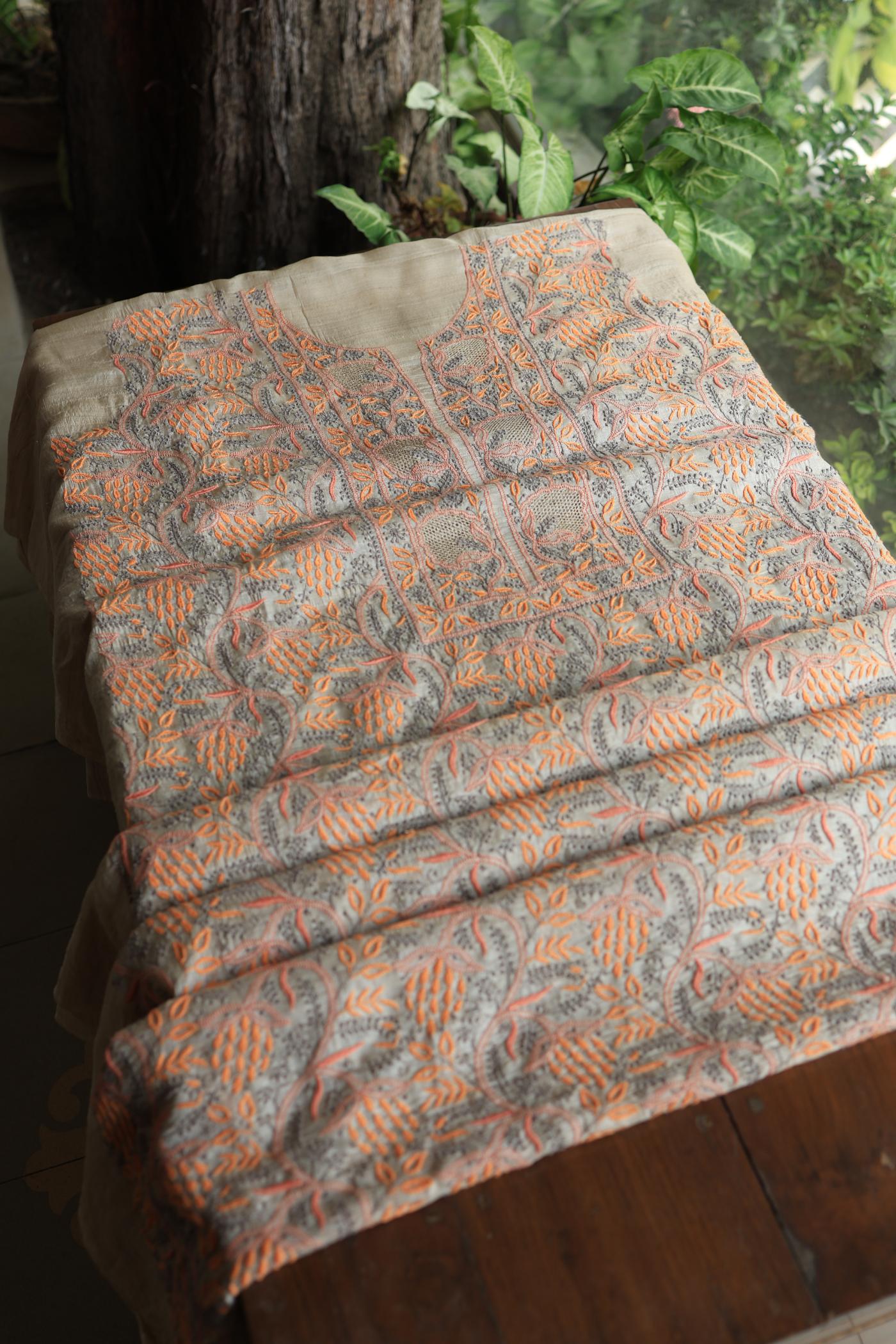 Natural Shade Tussar Silk Chikankari Fabric