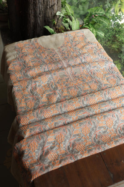 Natural Shade Tussar Silk Chikankari Fabric