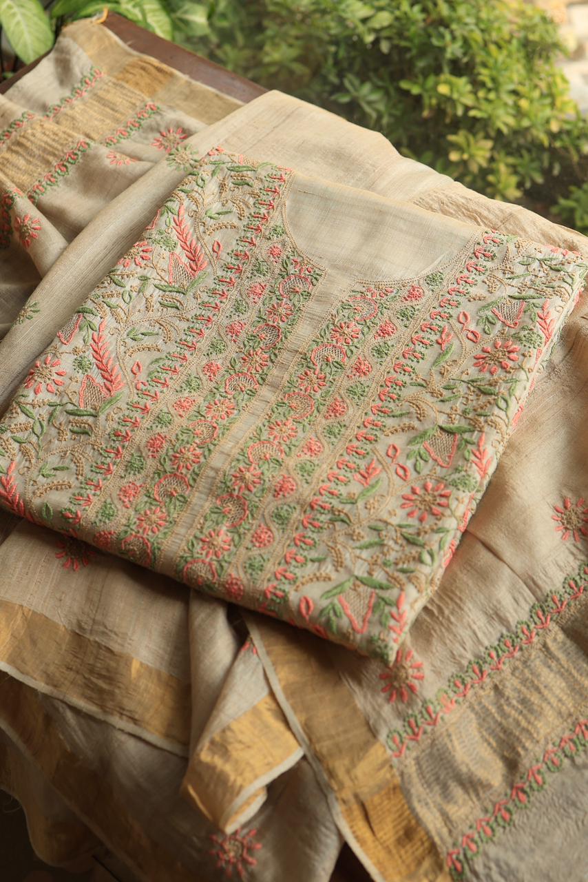 Natural Shade Tussar Silk Chikankari Fabrics