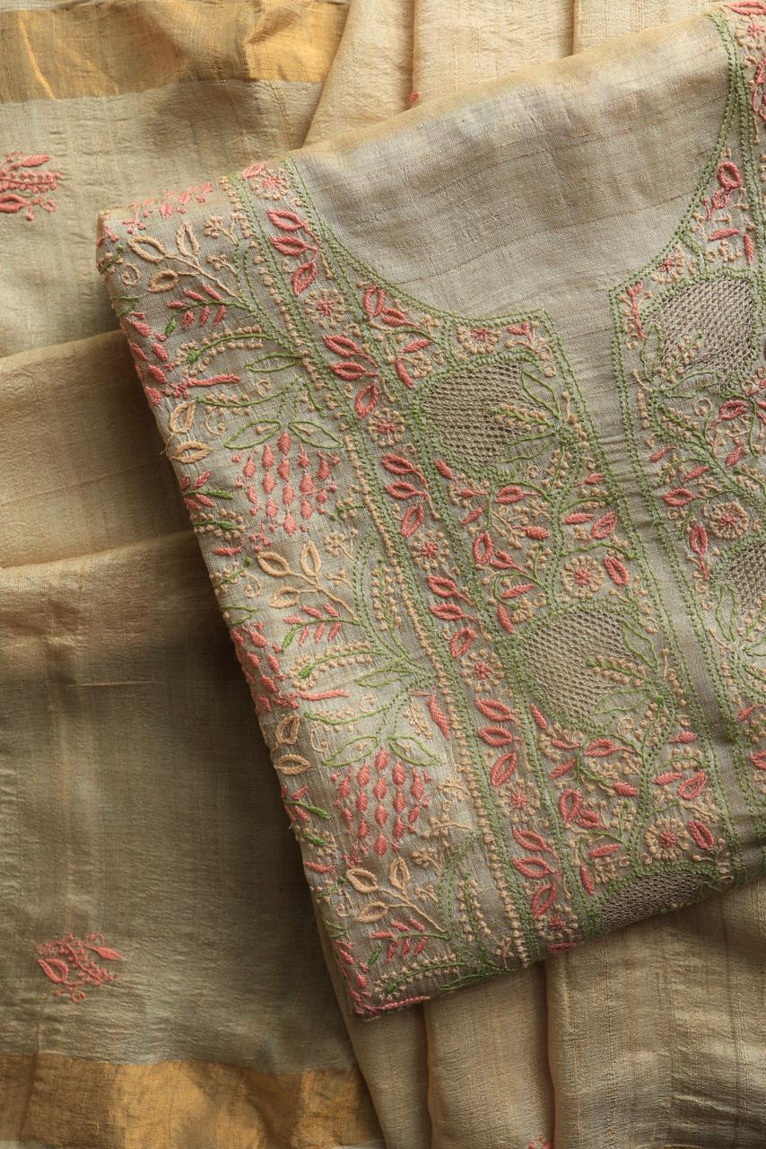 Peach & Green Natural Shade Tussar Silk Chikankari Fabric