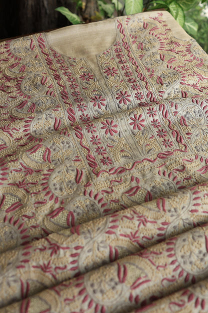 Natural Shade Tussar Silk Chikankari Fabric