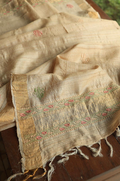 Peach & Green Natural Shade Tussar Silk Chikankari Fabric