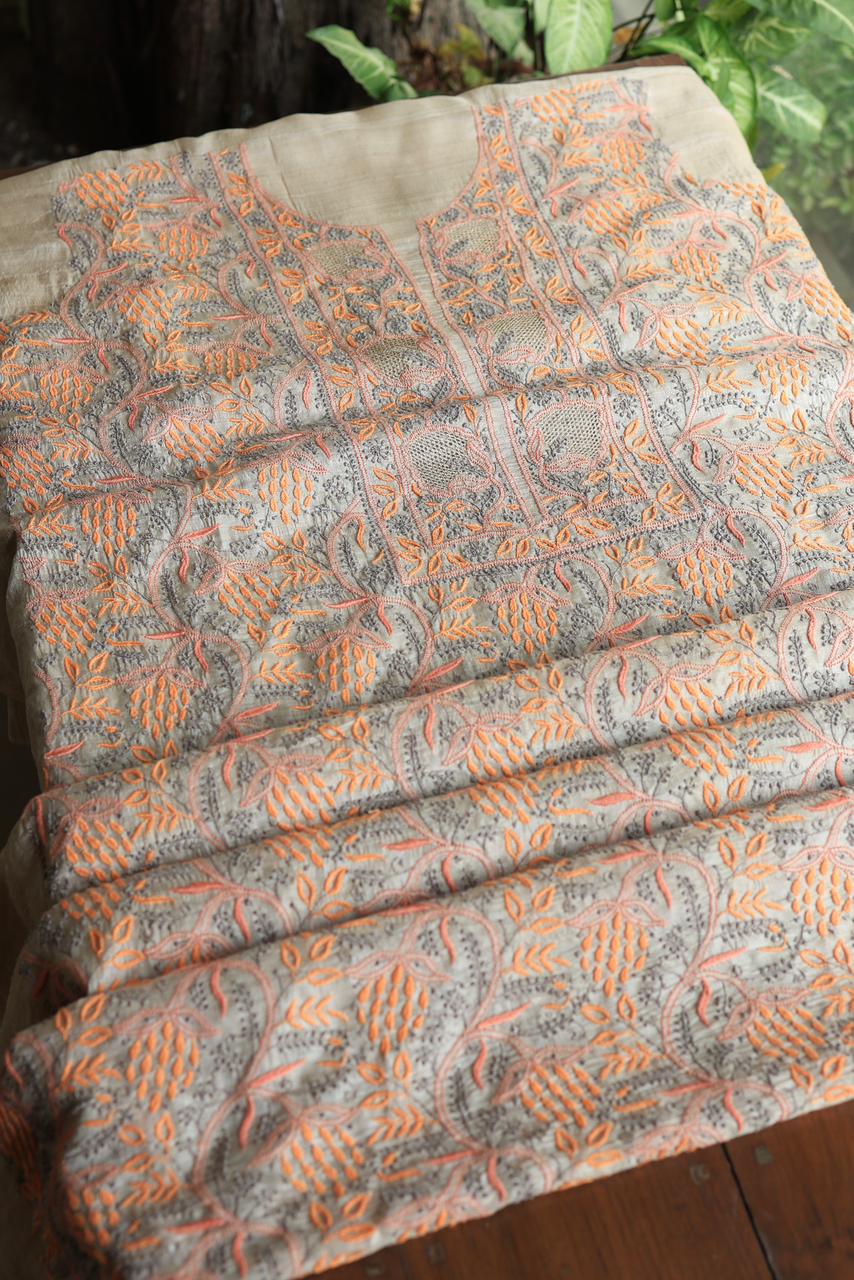 Grey & Orange Natural Shade Tussar Silk Chikankari Fabric