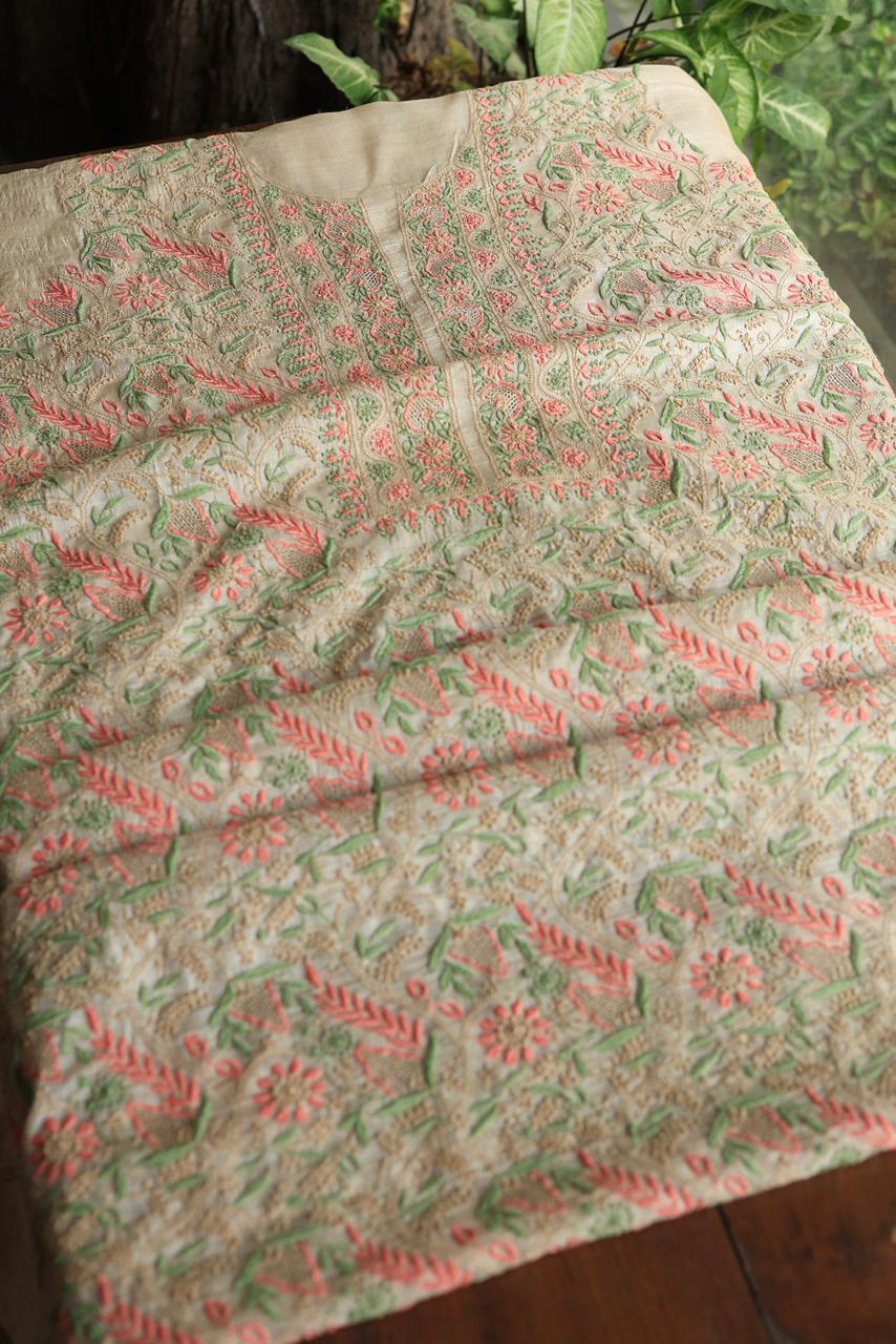 Natural Shade Tussar Silk Chikankari Fabrics