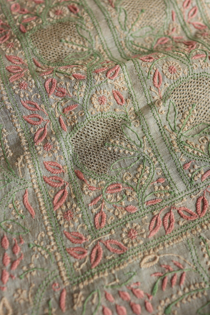 Natural Shade Tussar Silk Chikankari Fabric