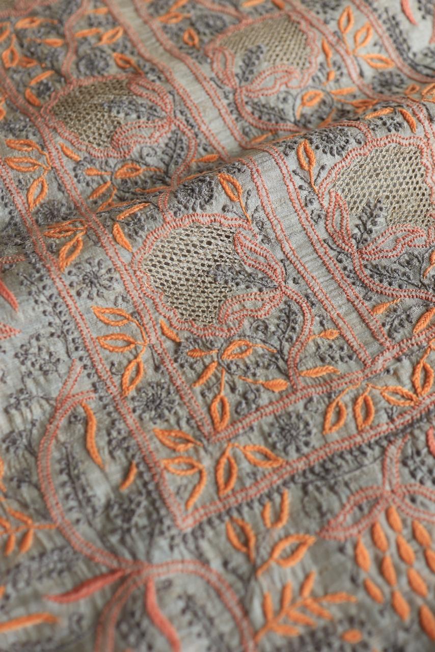Grey & Orange Natural Shade Tussar Silk Chikankari Fabric