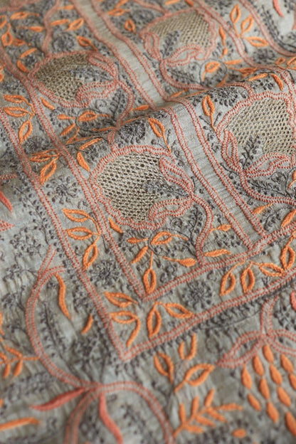 Grey & Orange Natural Shade Tussar Silk Chikankari Fabric