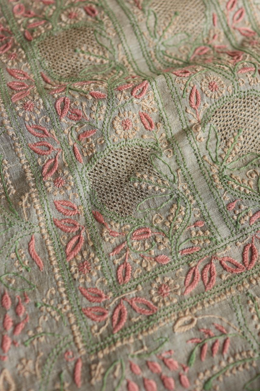Peach & Green Natural Shade Tussar Silk Chikankari Fabric