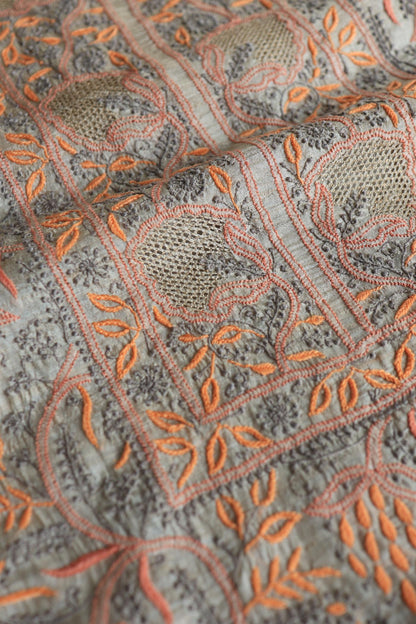 Natural Shade Tussar Silk Chikankari Fabric