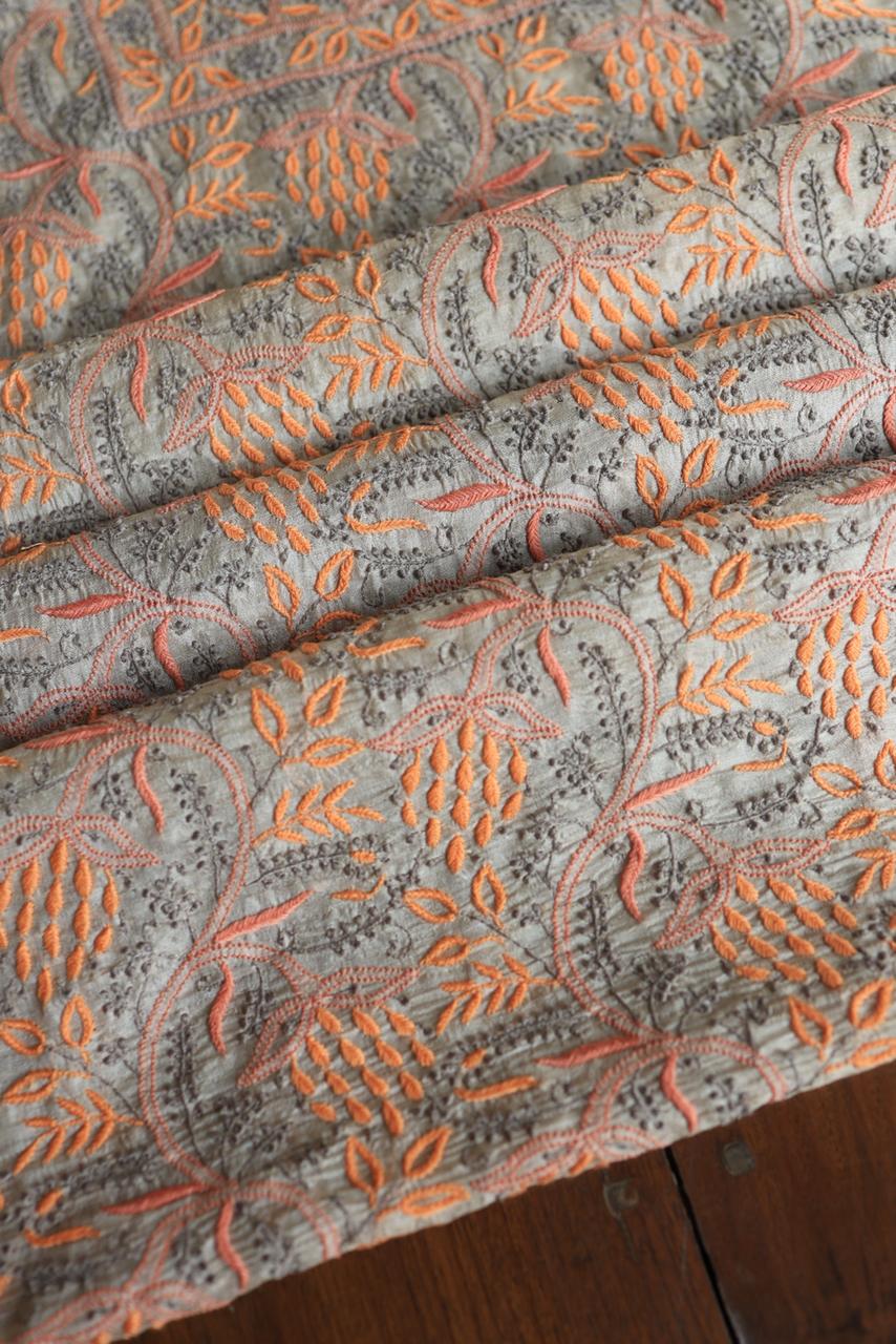 Grey & Orange Natural Shade Tussar Silk Chikankari Fabric
