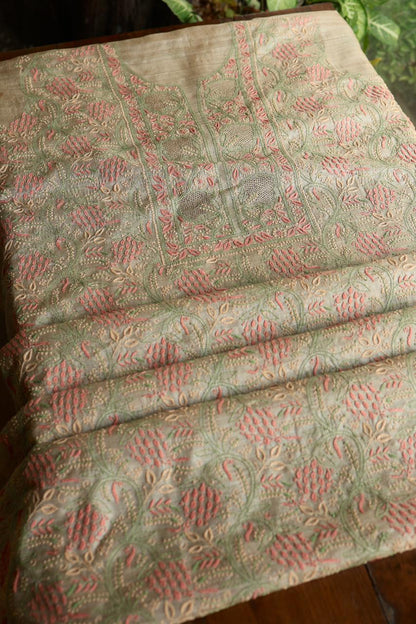 Peach & Green Natural Shade Tussar Silk Chikankari Fabric