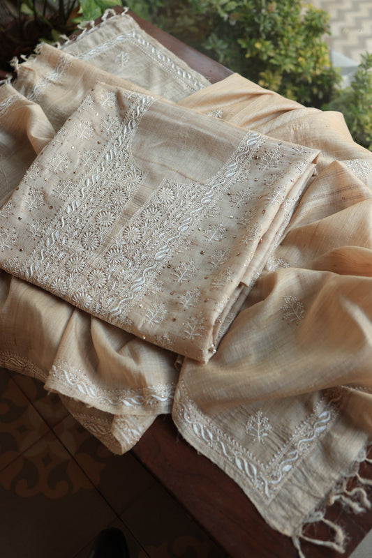 Natural Tussar Resham Chikankari Unstitched Fabric Kurta Dupatta Set